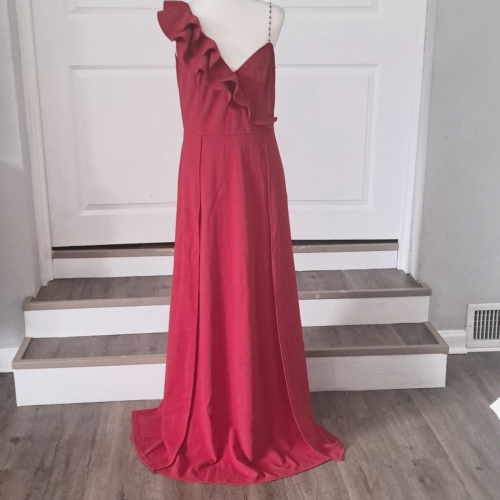 VFSHOW Red Formal Ruffle One Shoulder Beaded Strap Ruched Slit Maxi Dress XL NWT